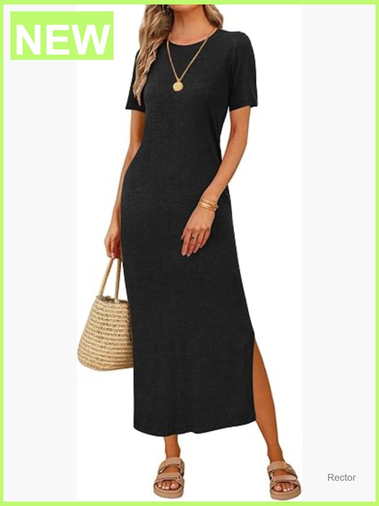 Wool Blend Maxi T-Shirt Dress Crew Neck Short Sleeve Side Slit Loose Fit